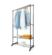 New Portable Closet Wardrobe Freestanding Clothing Garment Rack 2 Shelf n Wheels