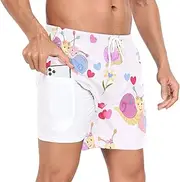 [GuoChe] Mens Beach Shorts Men's 2In1 Workout Shorts Valentine's Day Cute Snails and Hearts Blue Pink with Pockets and, Valentine's Day Cute Snails and Hearts Blue Pink, Medium