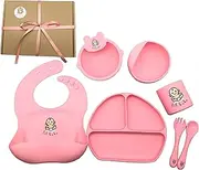 Baby Led Weaning Supplies - Silicone Baby Feeding Set + BONUS Gift Box - 2 Suction Bowl Set, Silicone Bib With Food Catcher, Suction Divided Plate, Cup, Fork, Spoon - |Easy Wipe, Waterproof, Dishwasher & Microwave Safe| (Rose Pink)