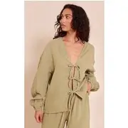 Khaki Cheesecloth Textured Tie Front Shirt, Khaki