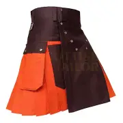 Scottish Handmade Men's Orange With Brown Utility Hybrid Fashion Kilt
