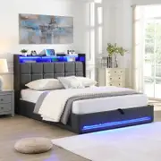 HOMFURN Double Size Gas Lift Bed Frame with LED Lights and Charging Station