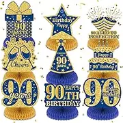 9Pcs 90th Blue and Gold Birthday Decoration Honeycomb Centerpieces for Table, Happy 90th Birthday Decorations for Men Women Anniversary Party Favors Supplies Event Cheer to 90 Years Desk Table Decor
