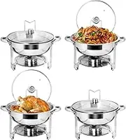 5.5L Chafing Dish Buffet Set - 4 Pcs Round Chafers for Catering with Glass Lid - Stainless Steel Food Warmers Holder Water Food Pan