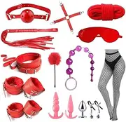 BDSM Restraints Cosplay Sex Toys for Beginners 15 Pcs Bondage Restraints Set Fetish Bed Restraints Kits Light SM Adult Games Safe BDSM Cuffs Nipple Clamps Flogger Ball Gag Blindfold Rope (Red)