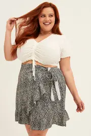 White Crop Top Short Sleeve Textured Lace Drawstring
