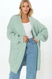 Ricki Cardigan - Open Front Chunky Knit Cardigan in Seafoam Green