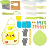 25PCS Kids Safe Knives Set, Kids Cooking Cutter Set, Montessori Kitchen Tools Toddler with Cutters Potato Chipper Peeler Oversleeves Bear Sandwich Mould Chopping Bboard Gloves Apron Fruits Forks