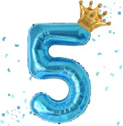 40 Inch Blue Number 5 & Mini Crown Balloon for Birthday Party Decorations, 5th B