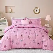 WONGS BEDDING Comforter Sets for Kids Girls 6 Pieces Pink Bedding Set Teen Girls Bed in A Bag (1 Comforter, 1 Flat Sheet, 1 Fitted Sheet, 1 Pillow sham, 2 Pillowcases)