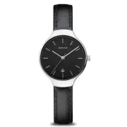 Bering Time Classic Silver Steel & Black Leather Strap Women's Watch. 13328-402