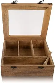 Wooden Tea Box Storage Chest Organizer Container Holder Rack With 4 Large Storage Compartments For Assorted Variety Of Loose Tea Spices & Herbs Natural Eco Friendly Vintage Rustic Decorative Box