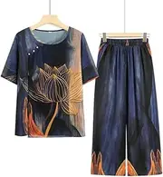 VSERETLOON Grandmother Summer Short-Sleeved Suit in The Summer Chiffon Shirt T-Shirt Two-Piece Suit for The Elderly (Color : Navy [Set], Size : 4XL)