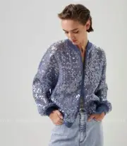 Brunello Cucinelli Sequin Net Bomber Jacket Blue Women's Size S