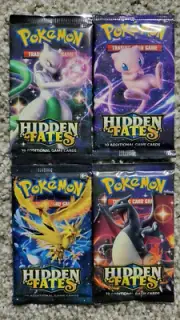 Pokemon S&M Hidden Fates Art Set 4 Booster Packs Charizard Mewtwo Mew Birds NEW