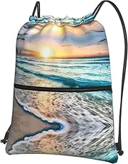 EdWal Beach Sunset Ocean Waves Print Drawstring Backpack Gym Bags Sports Bags With Zipper Pocket For Travel Beach, Black, One Size