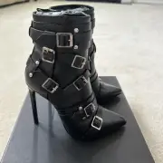 Yves Saint Laurent Buckle Biker Strap Leather Ankle Point Toe Boots Booties