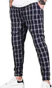 [Maiyifu-GJ] Men's Pattern Plaid Athletic Pants Stripe Slim Fit Stretch Joggers Pant Lightweight Skinny Sweatpants Trousers