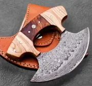 BEAUTIFUL HANDMADE DAMASCUS CHEF KITCHEN ULU KNIFE WITH LEATHER SHEATH