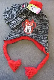 NWT DISNEY MINNIE MOUSE Gray Black Red HAT & GLOVES SET Acrylic One Size OSFM