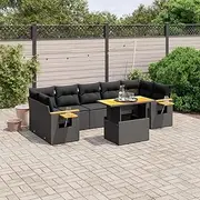 8 Piece Garden Sofa Set with Cushions Black Poly Rattan – Patio Wicker Furniture Set, Outdoor Dining Chairs & Table, Porch or Balcony Conversation Set, Weather-Resistant