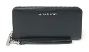 Michael Kors Continental Wallet Wristlet Black Leather 35T7STVE7L Silver NWT F