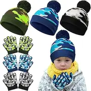 [Janmercy] 9 Pcs Kids Boys Camouflage Hats and Gloves Set, 3 Pcs Beanie Warm Hat with 3 Pairs Knit Stretchy Grip Warm Gloves for Toddler