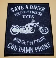 Save a biker get off the phone Embroidered Patch approx 3.25x4" iron or sew
