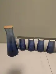 New In Box Drinking glasses set of 4 Plus Matching Decanter Blue Glass