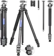 Compact Lightweight Carbon Fiber Tripod with Arca Panoramic 34mm Ball Low ProfileTripod Head Flip Lock Carbon Travel Camera Stand Detachable Monopod for DSLR Digital Camcorder Max Load 44.1lbs/20kg