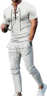 [HanzhuoLG] Men's Fashion Retro Tracksuit Set Summer Pure Color Stand Collar TieUp Short Sleeve T Shirt & Pants 2 Piece Set M White