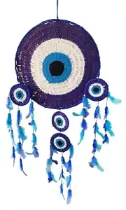 Crocheted Evil Eye Blue and White Dreamcatcher With Feathers and Beads 36" Long