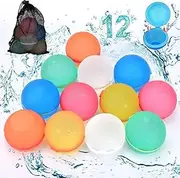 Reusable Water Balloons 12Pcs with Mesh Bag, Self Sealing Silicone Ball Latex-Free, No Clean Hassle, Easy to Fill, Summer Water Toys Swimming Pool Beach Park Yard Outdoor Games Party Supplies (12 PCS)