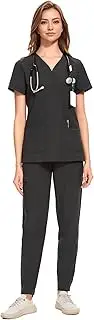 [COZYFIT] Medical Scrubs for Women Set - Curved V-Neck Scrub Top & Jogger Pants with 8 Pockets