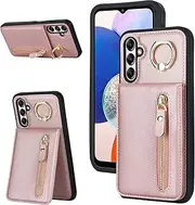 DEYHU Samsung Galaxy A14 5G Case with Card Holder for Women, Samsung Galaxy A14 5G Phone Case Wallet with Credit Card with Ring Kickstand Zipper Shockproof Slim Stand Case - Rose Gold