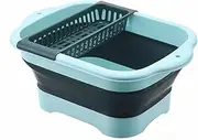 Collapsible Dish Basin with Draining Rack- 11L Foldable Bucket Sink Tub Portable Multifunctional Hang Basket, Space Saving Plastic Basin for Outdoor Camping, Vegetable Washing Kitchen Storage