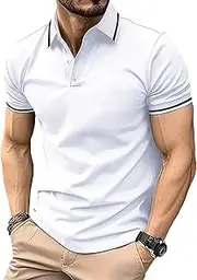[VgueElegc] Men Crochet Vacation T-Shirt Classic Short Sleeve Basic Button T-Shirt Lightweight Cotton Golf Tops