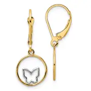 14K Yellow & Rhodium W/Rhodium Butterfly In Circle Leverback Dangle Earrings