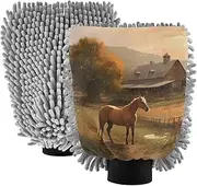 XYMZR Landscape Farmhouse Horse Absorbent Microfiber Car Wash Mitt, Funny Cute Anime Scratch Free for Cars Cleaning, Home Cleaning Mitts, 2 Pack, 10.24” L x 7.09” W
