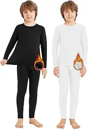 Silkfly 2 Sets Boys Thermal Underwear Set Fleece Lined Compression Shirt Leggings Pants Kids Base Layer Thermals Sets