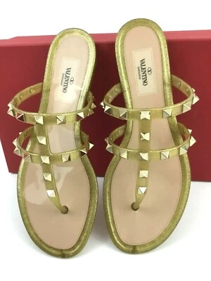 VALENTINO GARAVANI Rockstud Jelly PVC Thong Sandals Gold Glitter Flat Slide