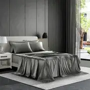 4 Piece Satin Bedding Sheet Pillowcase Sets Luxury Rich Silk Silky Super Soft Solid Color Reversible Stain-Resistant Wrinkle Free (Dark Grey)