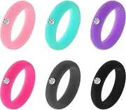 6 Pieces Silicone Wedding Rings with Rhinestone for Women and Men Wedding Band Engagement Ring Designed for Sports Fitness Workout Exercise Manual Labor Work Physical Activity