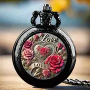 Elegant Love Heart Floral Pocket Watch Pink Roses & Green Leaves Quartz Movement