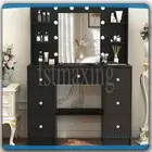 Dressing Table Black Makeup Vanity Desk With Large Mirror 7 Drawer &Crystal Pull