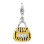 Sterling Silver 3-D Polished Cz Yellow/Black Enamel Tiger Purse W/ Lobster Clasp Charm