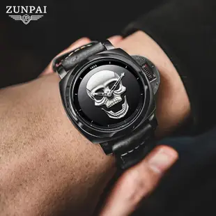 ZUNPAI/尊派 男生手錶 時尚潮流手錶男生 不鏽鋼皮革錶帶 防水手錶 金色骷髏頭設計 流行錶 夜光錶石英手錶 現貨