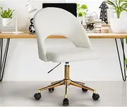 [OIKITURE] Swivel High Back Hollow Armless Chair Lockable Adjustable Height, Office Desk Computer Boucle Chair with Spinning Castors, Capacity 120KG, Living Room Bedroom, White & Gold