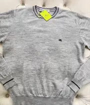 ETRO Milano Pullover Wool Knit Logo Crew Neck Light Gray Sweater Men's L Size