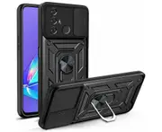 For ZTE Blade A52 Heavy Duty Shockproof Case Metal Ring Kickstand Back Cover - Black